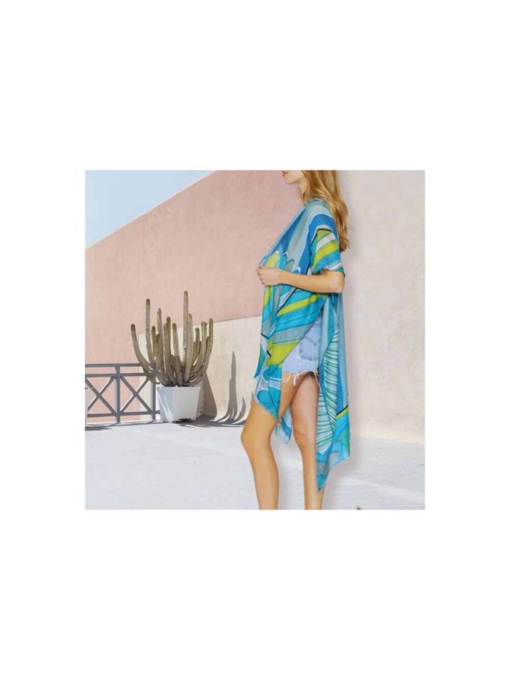 Green Abstract Art Kimono Beach Cover UP One Size Boho Duster Resort Travel Crui - Picture 4 of 5